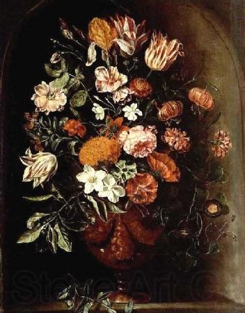 unknow artist A still life with tulips, roses, a red turban cup lily, auricula, jasmin, an iris, carnations and other flowers in a vase, all in a stone niche. Norge oil painting art